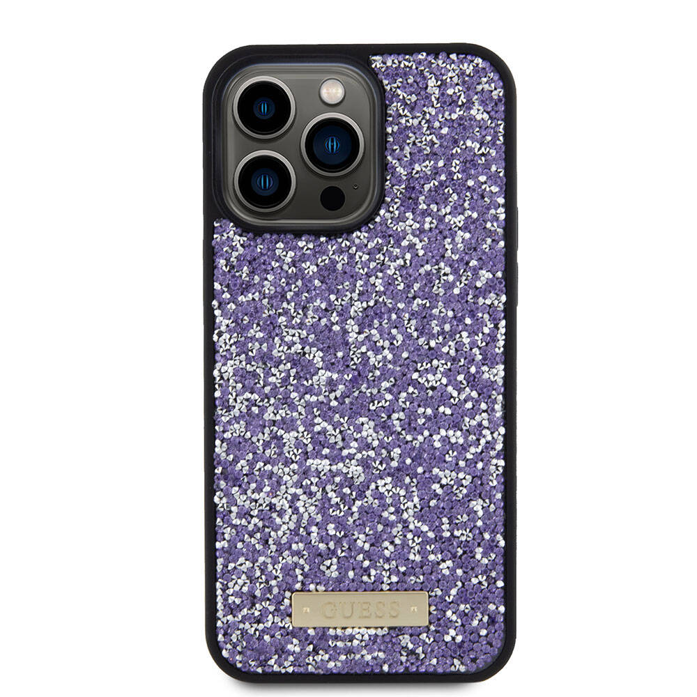 Apple iPhone 15 Pro Max Kılıf Guess Orjinal Lisanslı Taşlı Arka Yüzey Metal Yazı Logolu Kapak Sarı