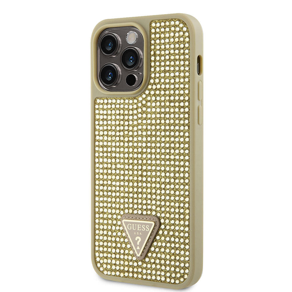 Apple iPhone 15 Pro Max Kılıf Guess Orjinal Lisanslı Taşlı Arka Yüzey Üçgen Logolu Kapak Gold