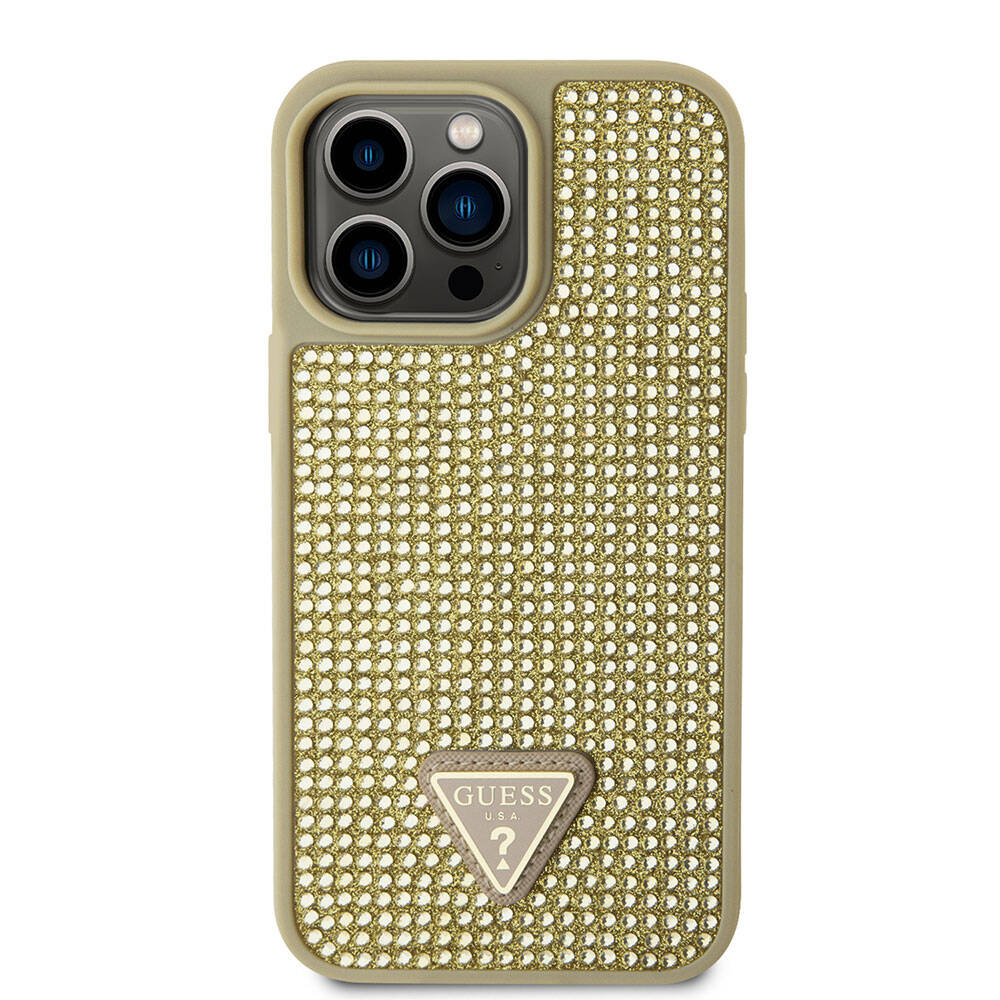Apple iPhone 15 Pro Max Kılıf Guess Orjinal Lisanslı Taşlı Arka Yüzey Üçgen Logolu Kapak Gold