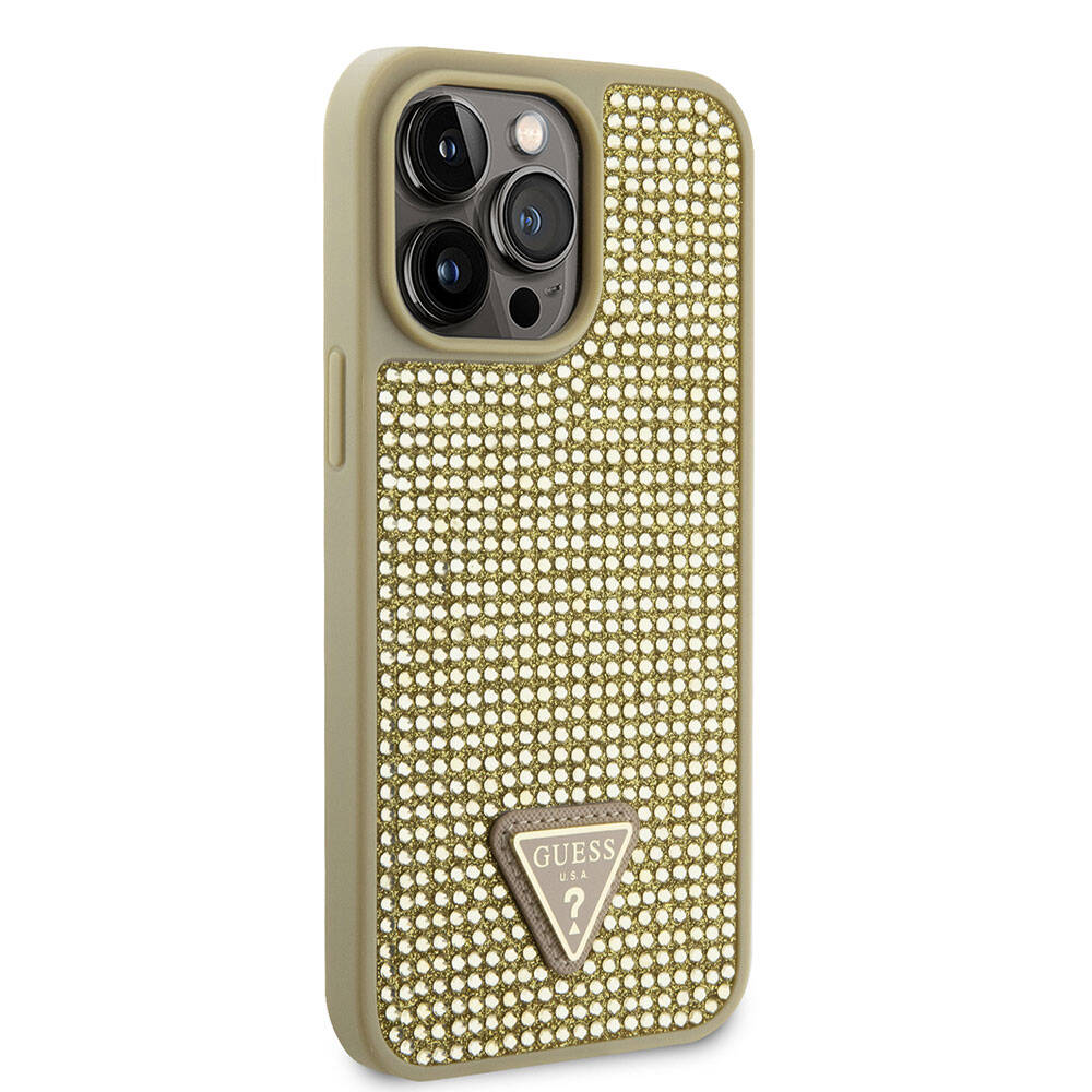 Apple iPhone 15 Pro Max Kılıf Guess Orjinal Lisanslı Taşlı Arka Yüzey Üçgen Logolu Kapak Gold
