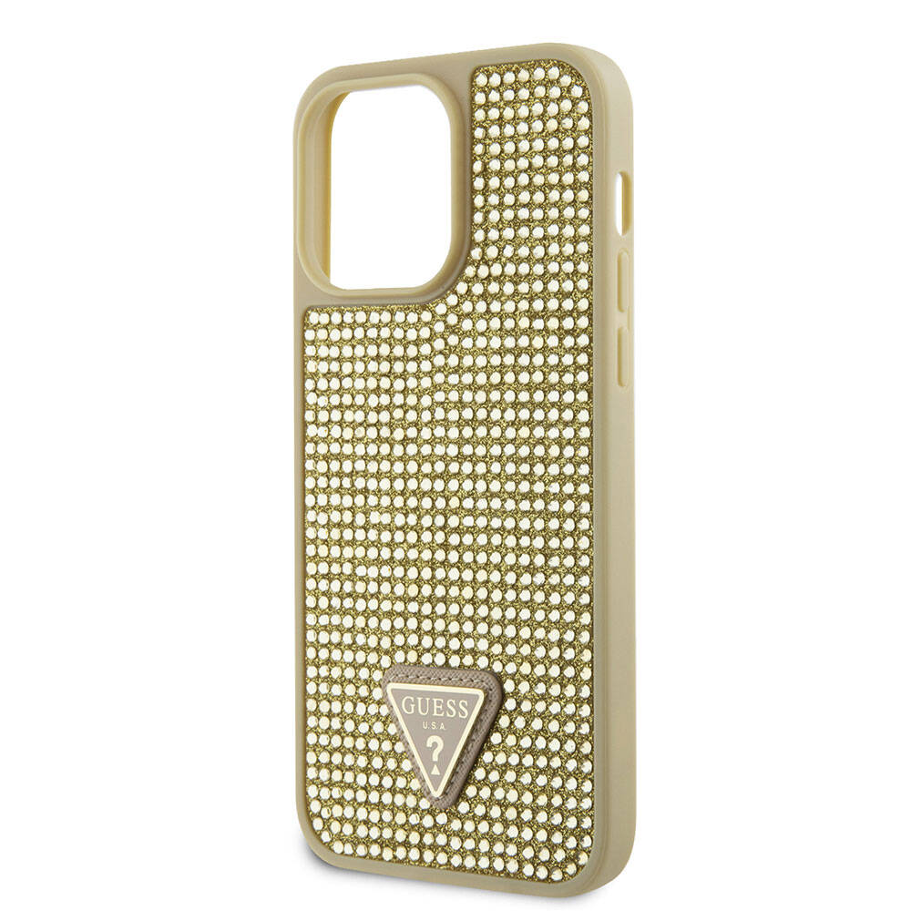 Apple iPhone 15 Pro Max Kılıf Guess Orjinal Lisanslı Taşlı Arka Yüzey Üçgen Logolu Kapak Gold