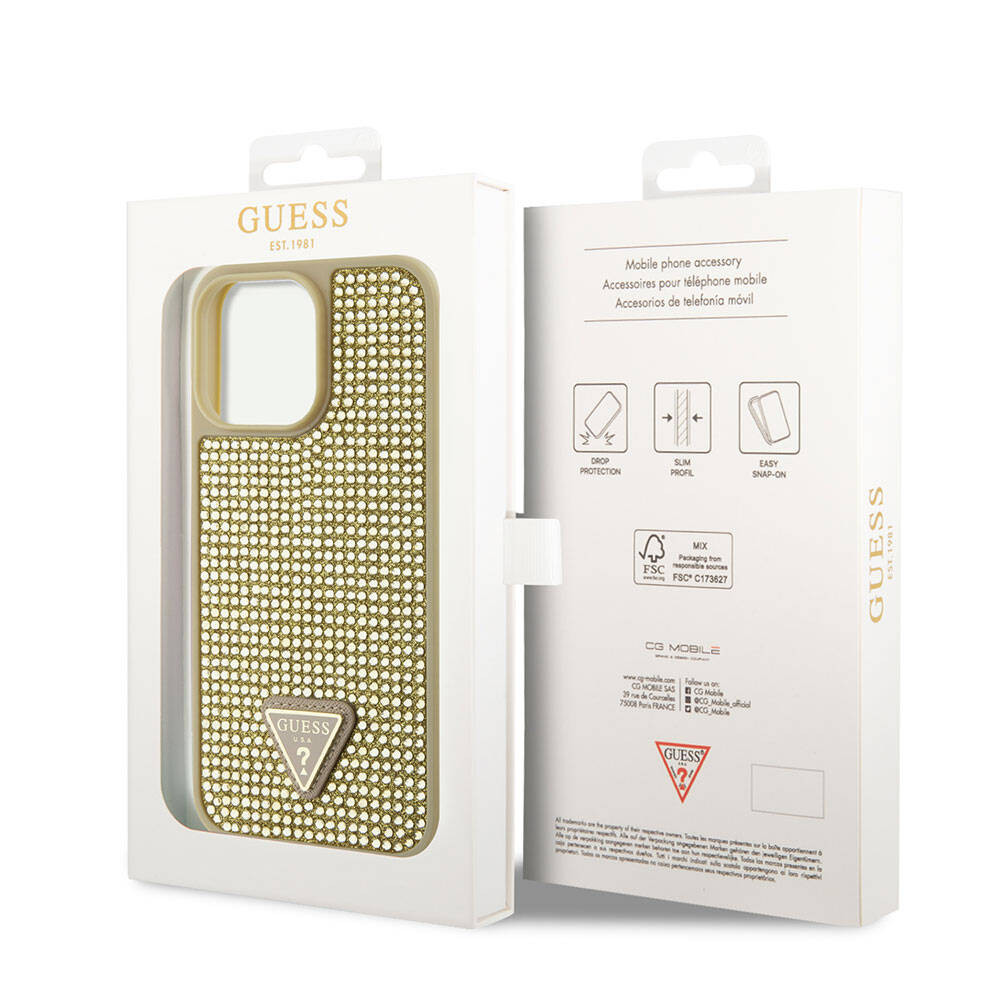 Apple iPhone 15 Pro Max Kılıf Guess Orjinal Lisanslı Taşlı Arka Yüzey Üçgen Logolu Kapak Gold