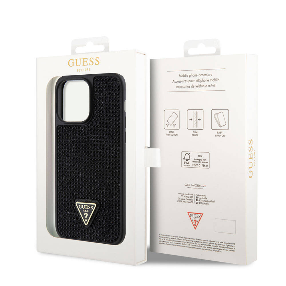 Apple iPhone 15 Pro Max Kılıf Guess Orjinal Lisanslı Taşlı Arka Yüzey Üçgen Logolu Kapak Gold