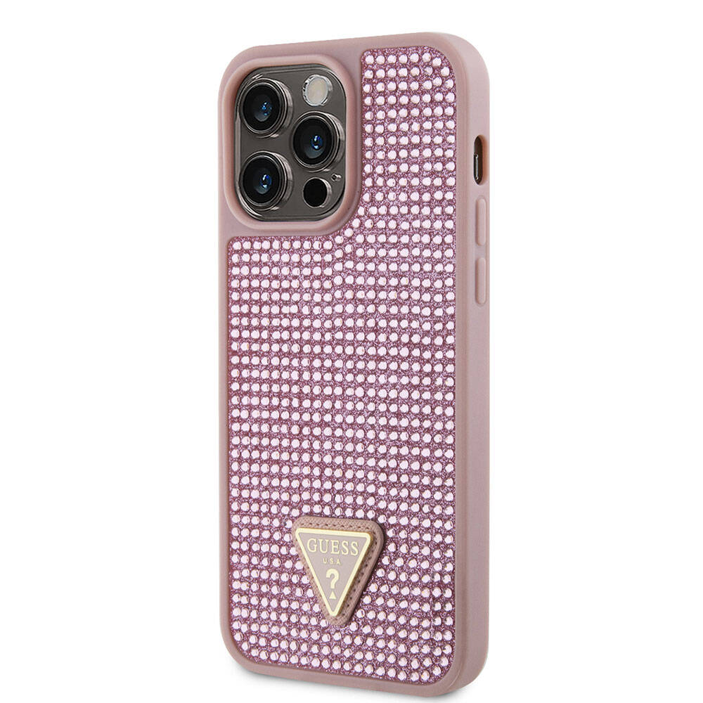 Apple iPhone 15 Pro Max Kılıf Guess Orjinal Lisanslı Taşlı Arka Yüzey Üçgen Logolu Kapak Gold