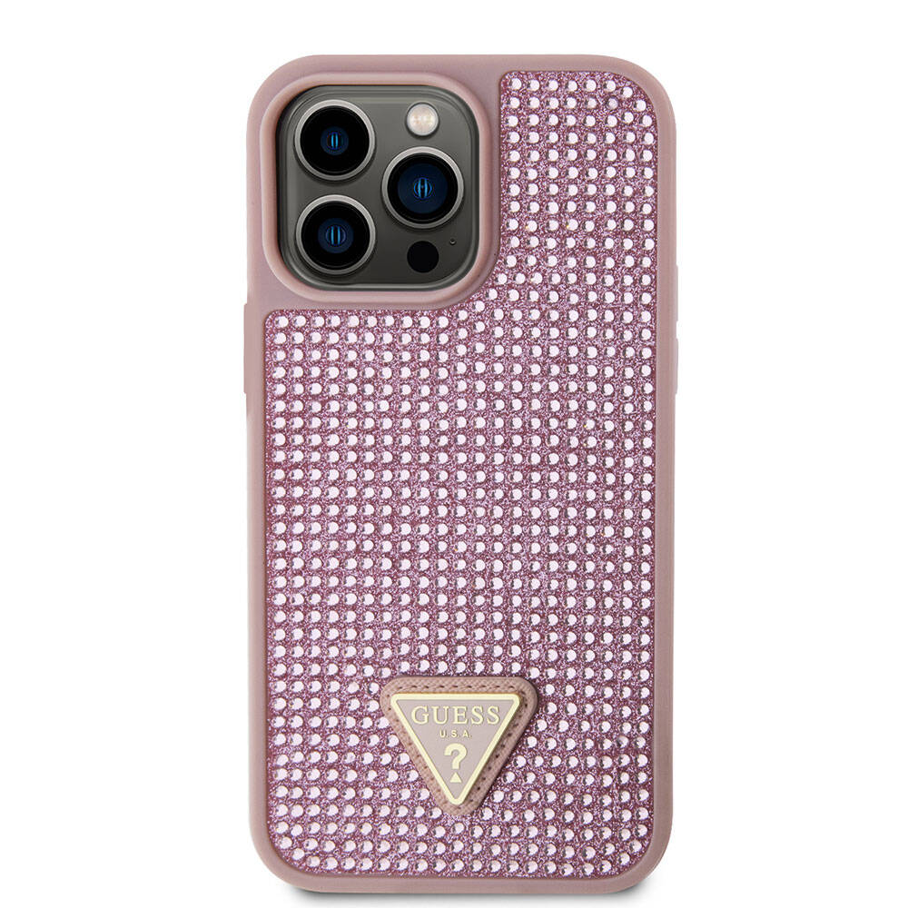 Apple iPhone 15 Pro Max Kılıf Guess Orjinal Lisanslı Taşlı Arka Yüzey Üçgen Logolu Kapak Gold