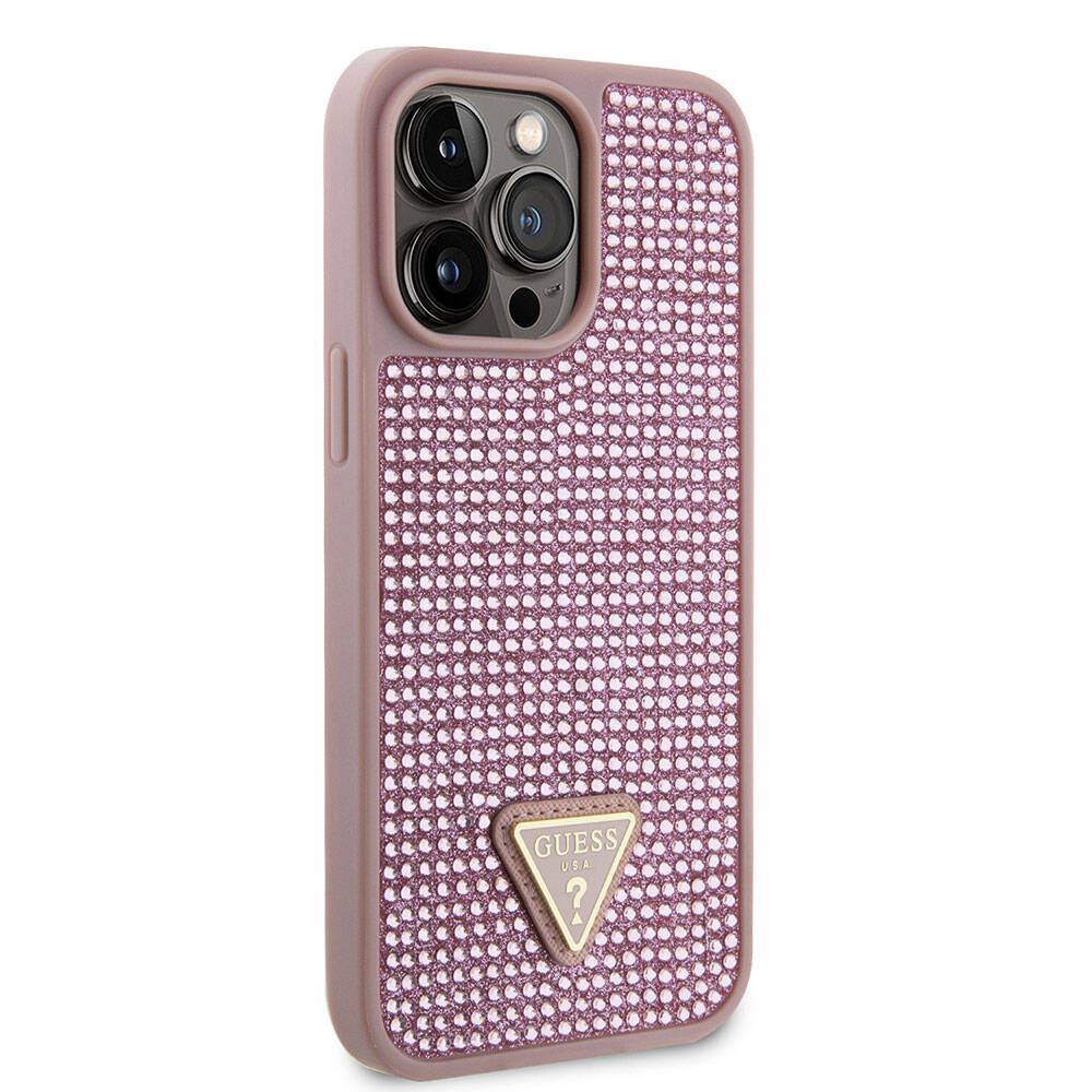 Apple iPhone 15 Pro Max Kılıf Guess Orjinal Lisanslı Taşlı Arka Yüzey Üçgen Logolu Kapak Gold