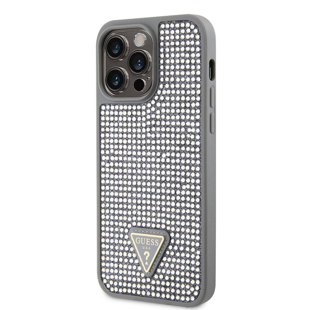Apple iPhone 15 Pro Max Kılıf Guess Orjinal Lisanslı Taşlı Arka Yüzey Üçgen Logolu Kapak Gold