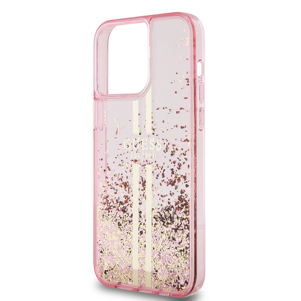 Apple iPhone 15 Pro Max Kılıf Guess Orjinal Lisanslı Transparan Sıvılı Simli Altın Çizgili Kapak Pembe