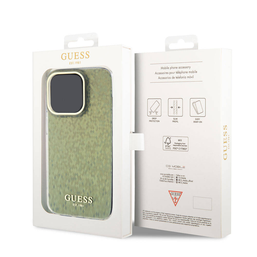 Apple iPhone 15 Pro Max Kılıf Guess Orjinal Lisanslı Yazı Logolu Mirror Disco Kapak Gold