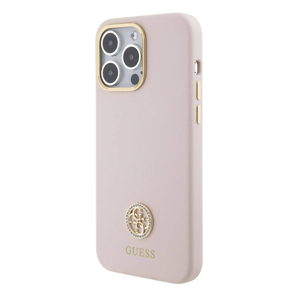 Apple iPhone 15 Pro Max Kılıf Guess Orjinal Lisanslı Yazı ve Taşlı 4G Logolu Metal Kamera Çerçeveli Silikon Kapak Siyah