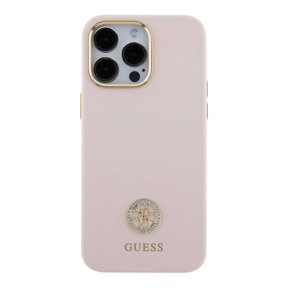 Apple iPhone 15 Pro Max Kılıf Guess Orjinal Lisanslı Yazı ve Taşlı 4G Logolu Metal Kamera Çerçeveli Silikon Kapak Siyah