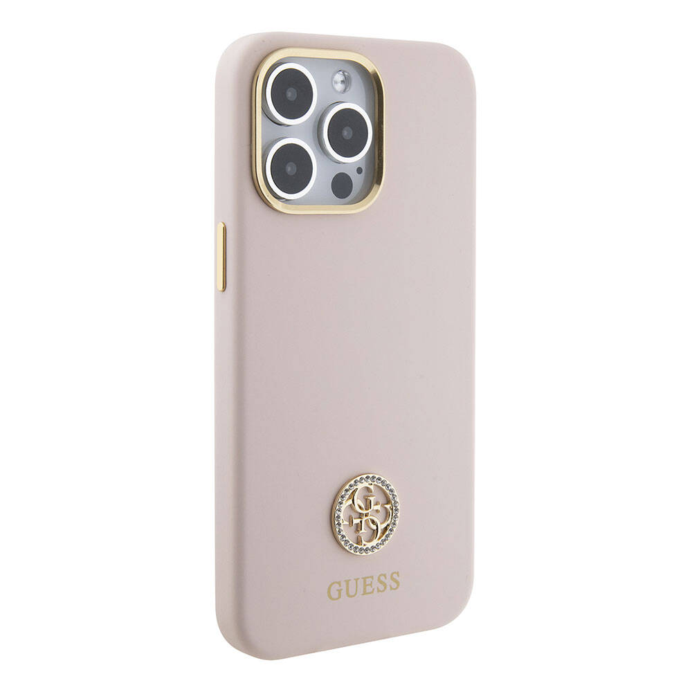 Apple iPhone 15 Pro Max Kılıf Guess Orjinal Lisanslı Yazı ve Taşlı 4G Logolu Metal Kamera Çerçeveli Silikon Kapak Siyah