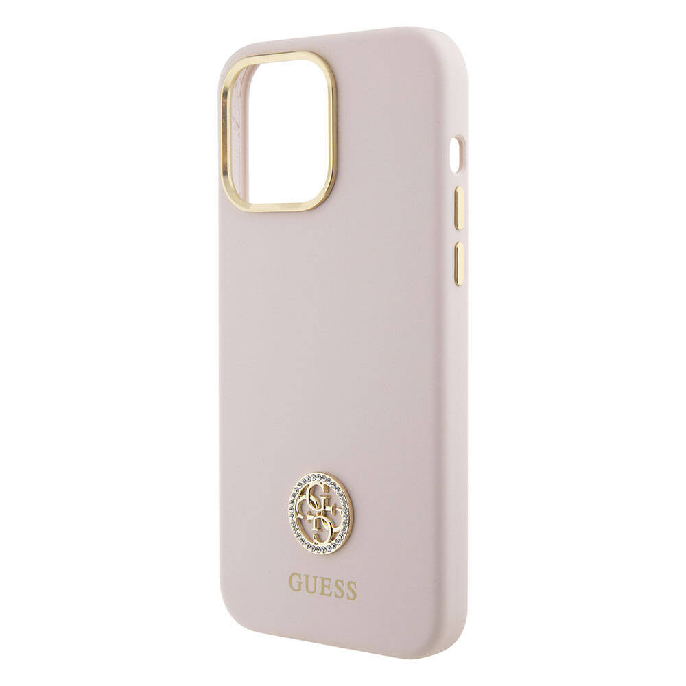 Apple iPhone 15 Pro Max Kılıf Guess Orjinal Lisanslı Yazı ve Taşlı 4G Logolu Metal Kamera Çerçeveli Silikon Kapak Siyah