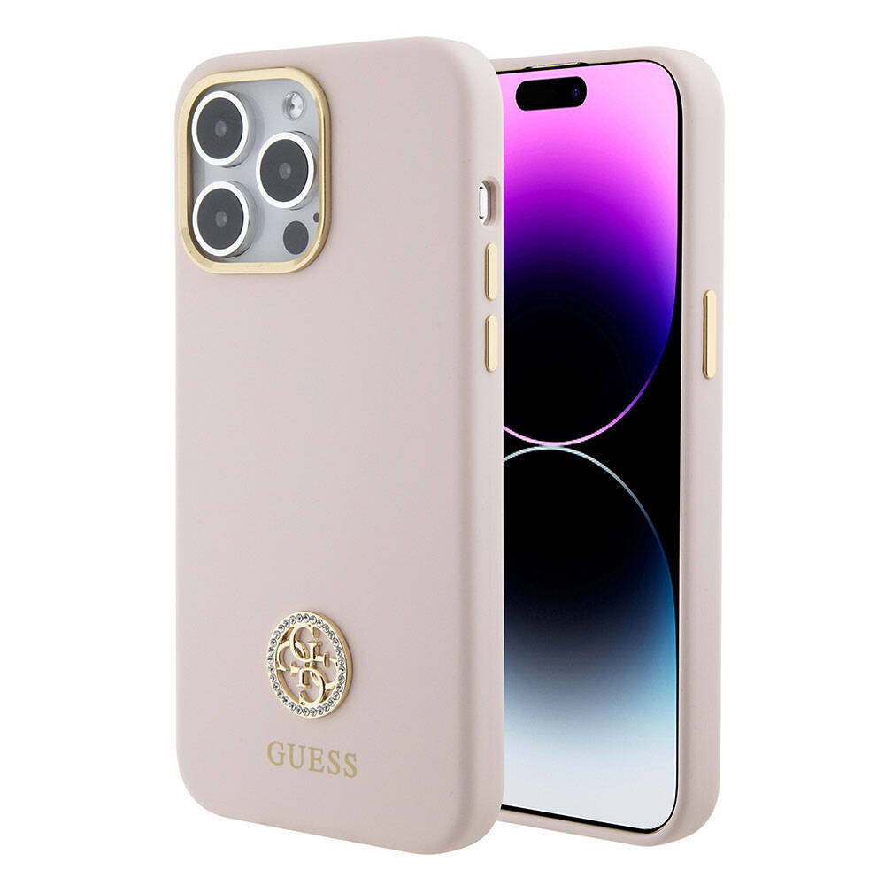Apple iPhone 15 Pro Max Kılıf Guess Orjinal Lisanslı Yazı ve Taşlı 4G Logolu Metal Kamera Çerçeveli Silikon Kapak Siyah