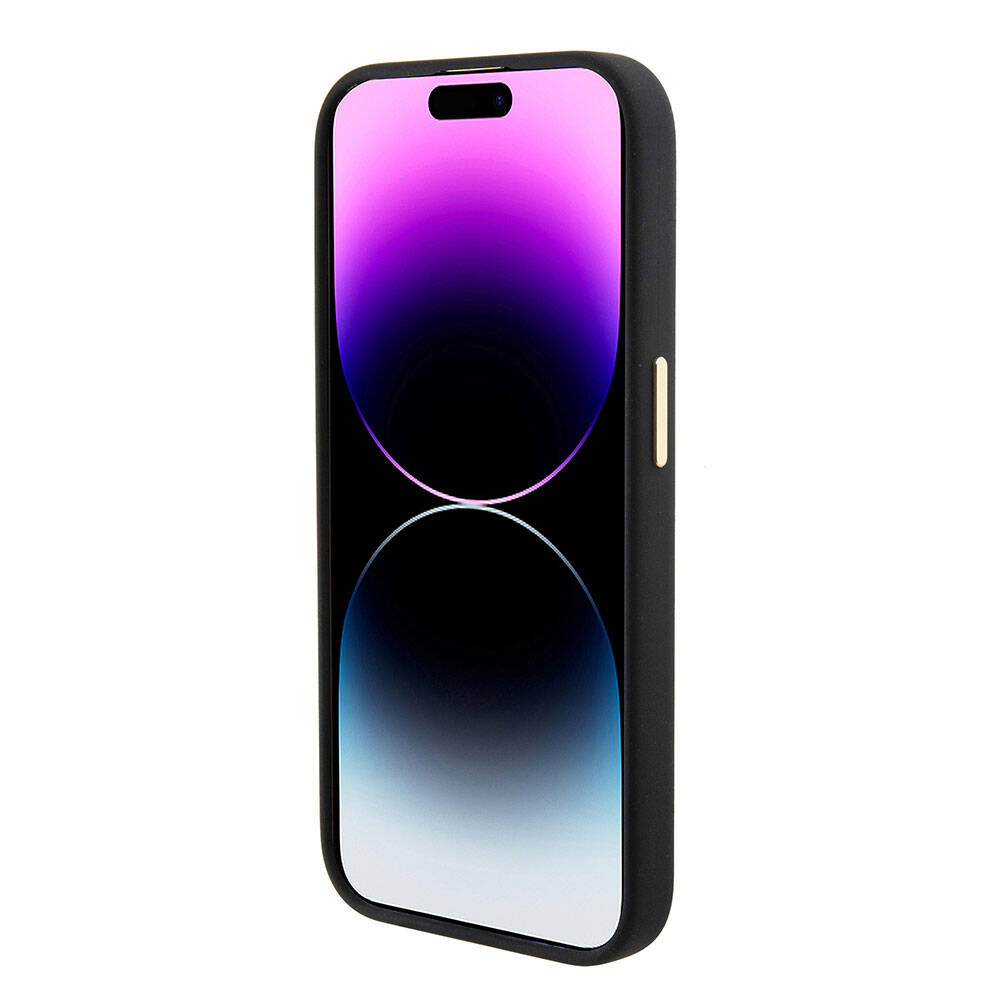 Apple iPhone 15 Pro Max Kılıf Guess Orjinal Lisanslı Yazı ve Taşlı 4G Logolu Metal Kamera Çerçeveli Silikon Kapak Siyah
