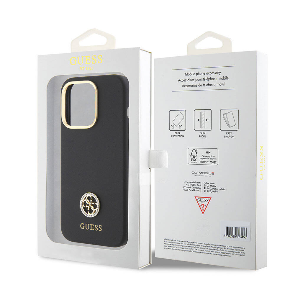Apple iPhone 15 Pro Max Kılıf Guess Orjinal Lisanslı Yazı ve Taşlı 4G Logolu Metal Kamera Çerçeveli Silikon Kapak Siyah
