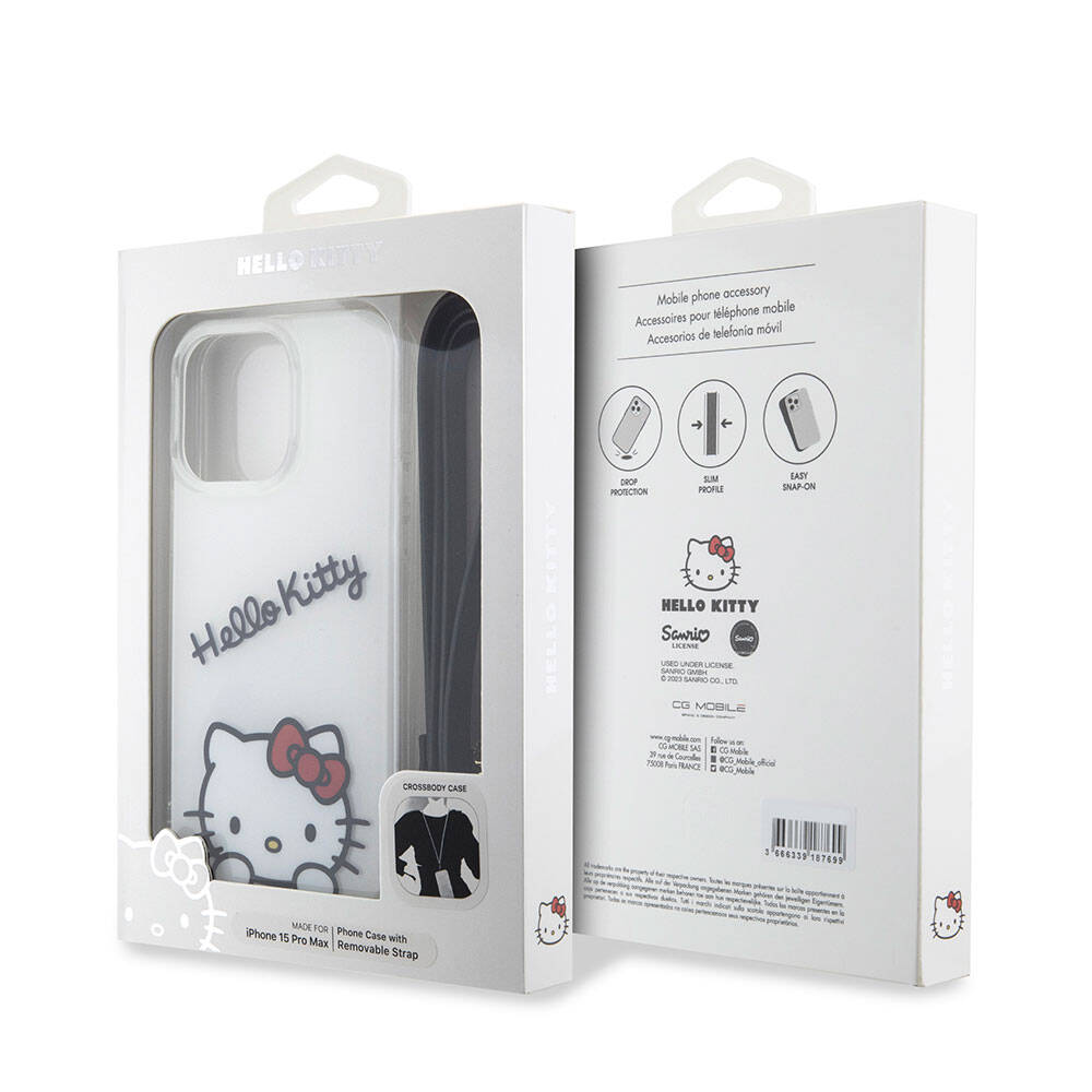 Apple iPhone 15 Pro Max Kılıf Hello Kitty Orjinal Lisanslı Askılı Yazı ve İkonik Logolu Daydreaming Kapak Pembe