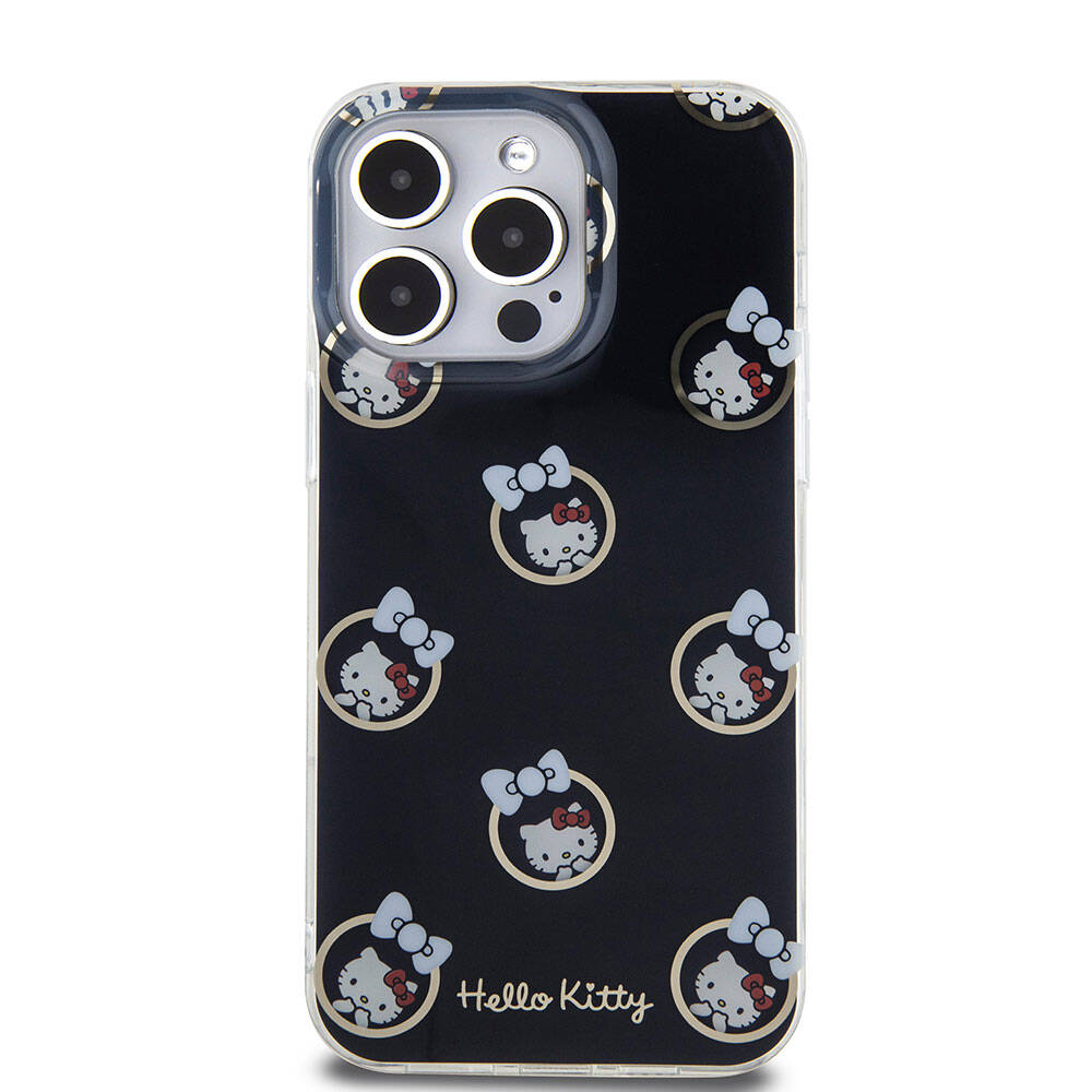 Apple iPhone 15 Pro Max Kılıf Hello Kitty Orjinal Lisanslı Elektroplating Kaplama Kabarcık Baskılı Kapak Siyah