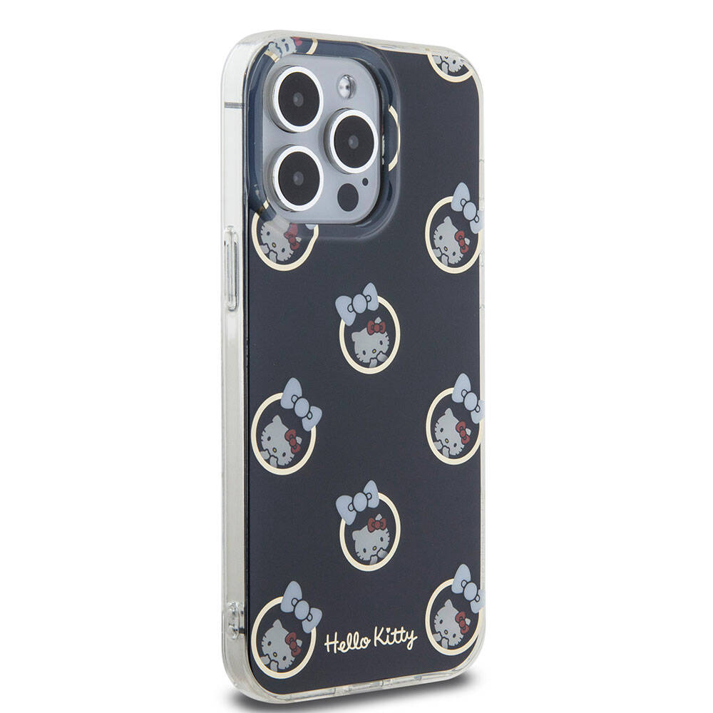 Apple iPhone 15 Pro Max Kılıf Hello Kitty Orjinal Lisanslı Elektroplating Kaplama Kabarcık Baskılı Kapak Siyah