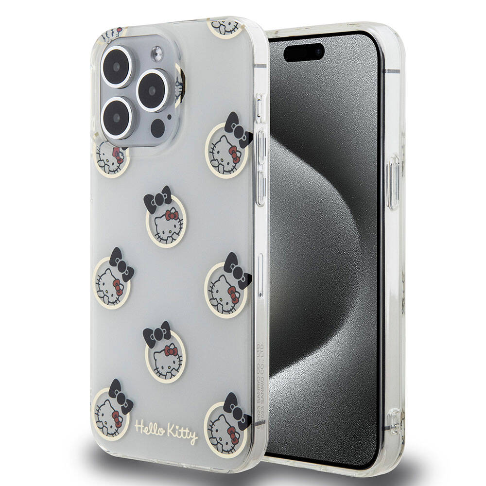 Apple iPhone 15 Pro Max Kılıf Hello Kitty Orjinal Lisanslı Elektroplating Kaplama Kabarcık Baskılı Kapak Beyaz