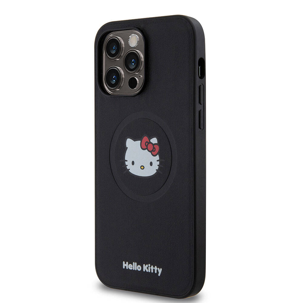 Apple iPhone 15 Pro Max Kılıf Hello Kitty Orjinal Lisanslı M-safe Şarj Özellikli Kitty Head Deri Kapak Gold