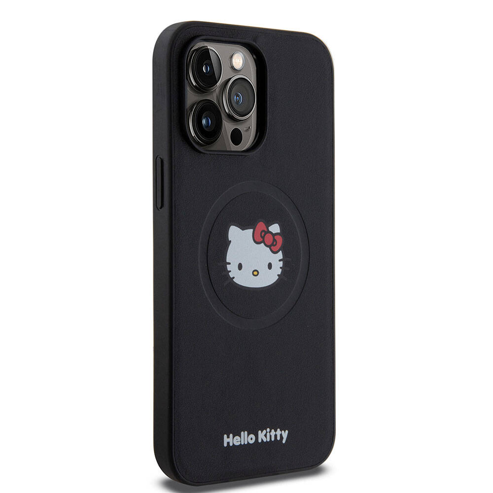 Apple iPhone 15 Pro Max Kılıf Hello Kitty Orjinal Lisanslı M-safe Şarj Özellikli Kitty Head Deri Kapak Siyah