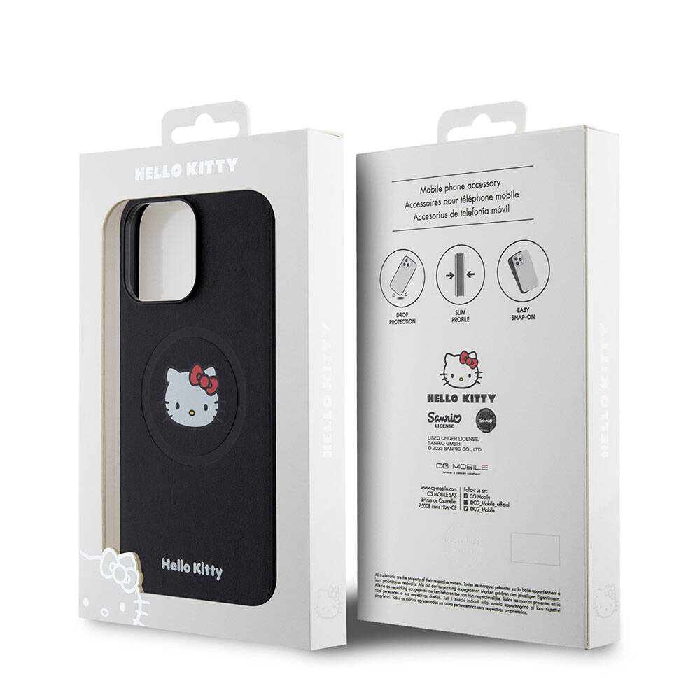 Apple iPhone 15 Pro Max Kılıf Hello Kitty Orjinal Lisanslı M-safe Şarj Özellikli Kitty Head Deri Kapak Siyah