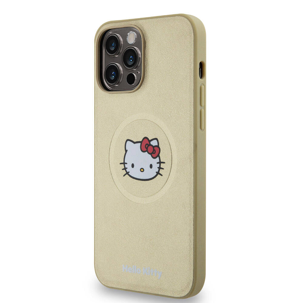 Apple iPhone 15 Pro Max Kılıf Hello Kitty Orjinal Lisanslı M-safe Şarj Özellikli Kitty Head Deri Kapak Gold
