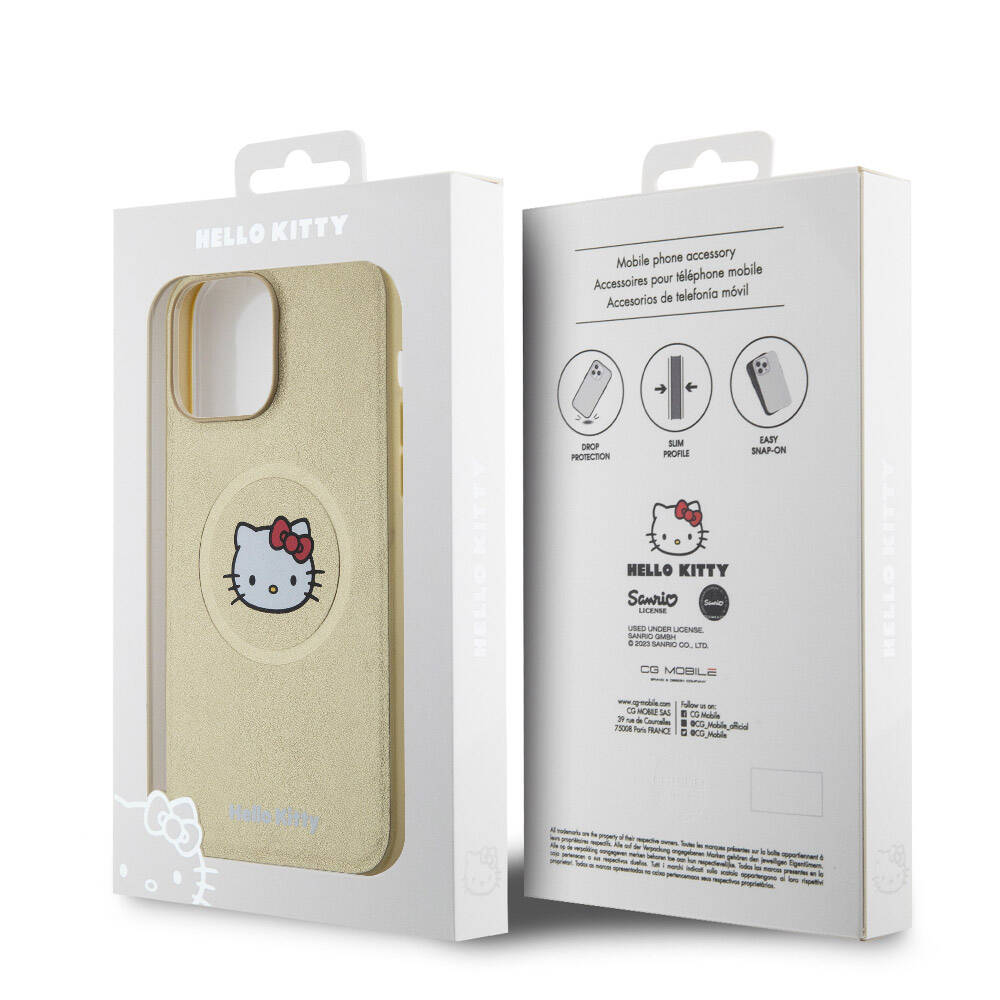 Apple iPhone 15 Pro Max Kılıf Hello Kitty Orjinal Lisanslı M-safe Şarj Özellikli Kitty Head Deri Kapak Gold