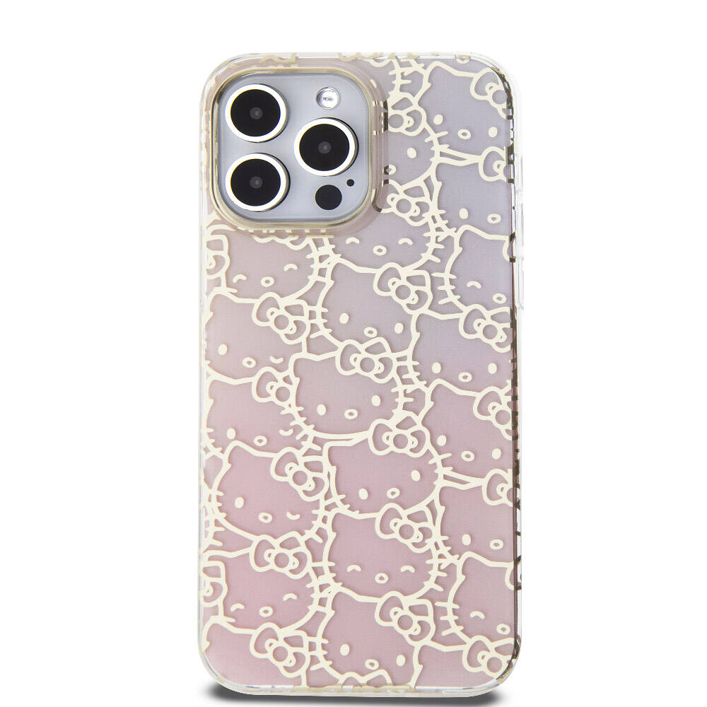 Apple iPhone 15 Pro Max Kılıf Hello Kitty Orjinal Lisanslı Renk Geçişli Elektroplating Kaplama Kitty Head Desenli Kapak Pembe