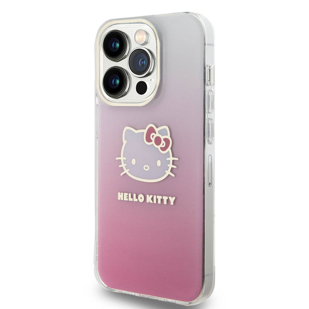 Apple iPhone 15 Pro Max Kılıf Hello Kitty Orjinal Lisanslı Yazı ve İkonik Logolu Elektroplating Kaplama Gradyan Kapak Mor