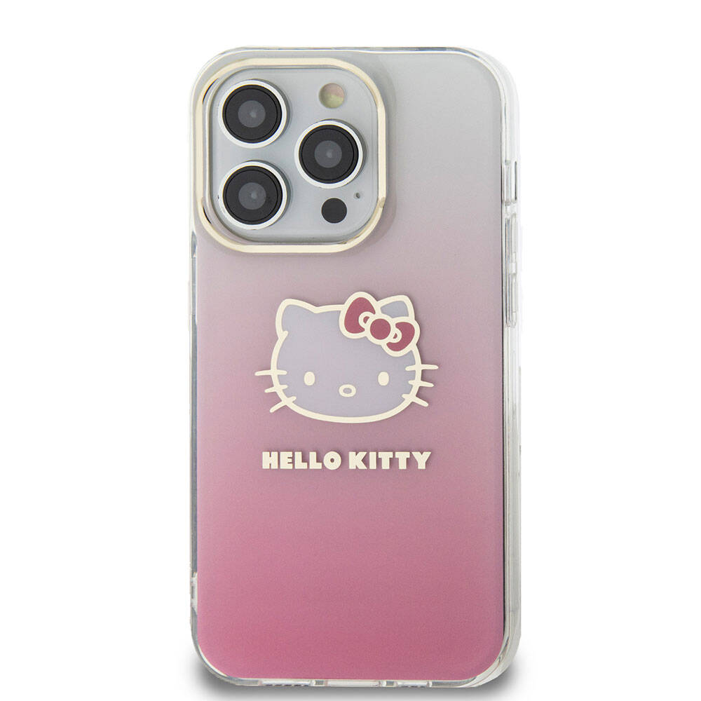 Apple iPhone 15 Pro Max Kılıf Hello Kitty Orjinal Lisanslı Yazı ve İkonik Logolu Elektroplating Kaplama Gradyan Kapak Mor