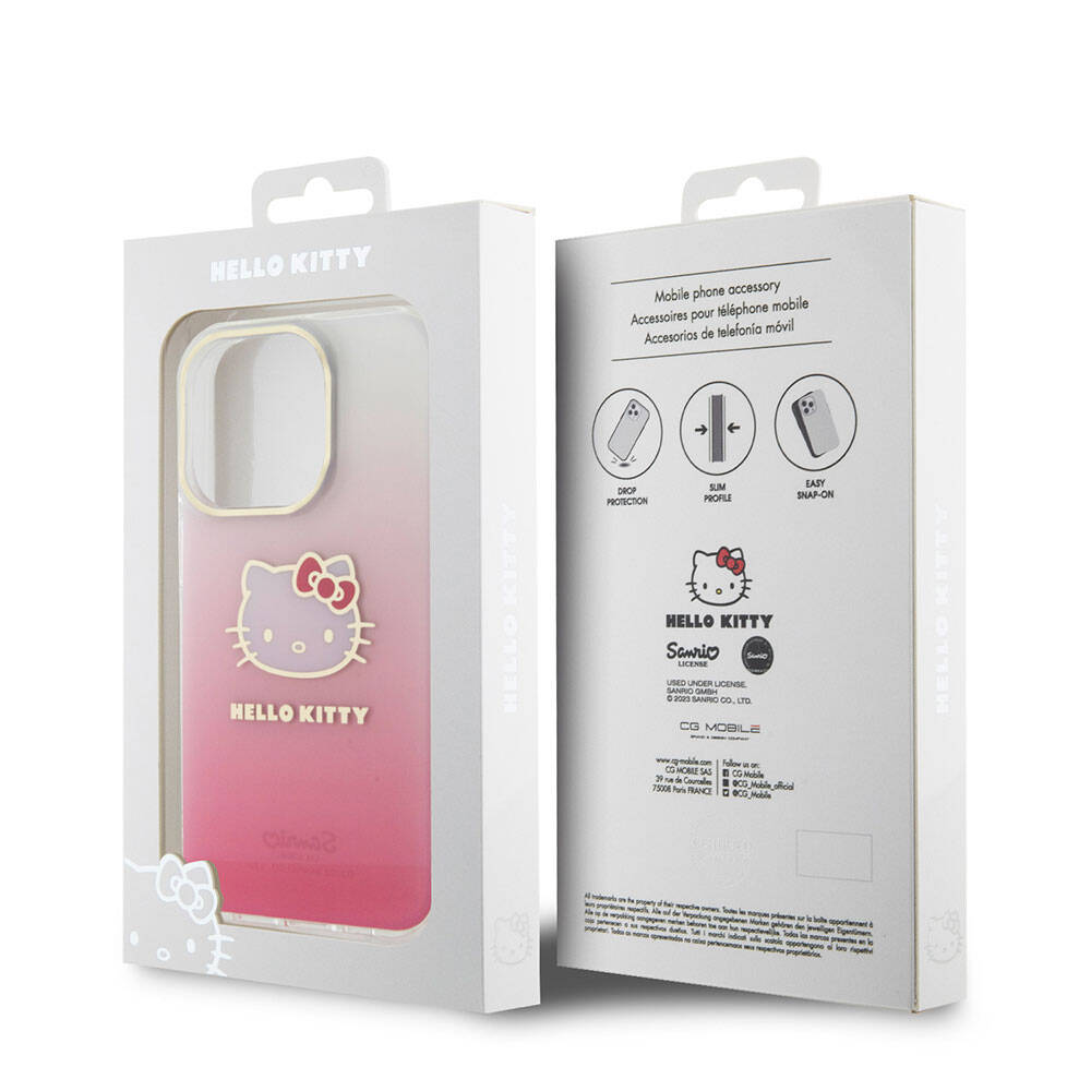 Apple iPhone 15 Pro Max Kılıf Hello Kitty Orjinal Lisanslı Yazı ve İkonik Logolu Elektroplating Kaplama Gradyan Kapak Mor