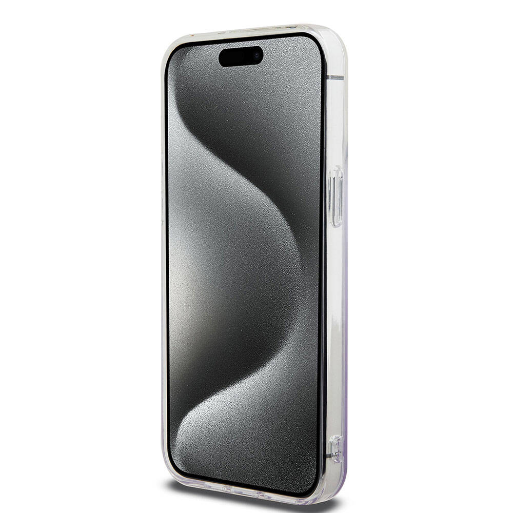 Apple iPhone 15 Pro Max Kılıf Hello Kitty Orjinal Lisanslı Yazı ve İkonik Logolu Elektroplating Kaplama Gradyan Kapak Mor