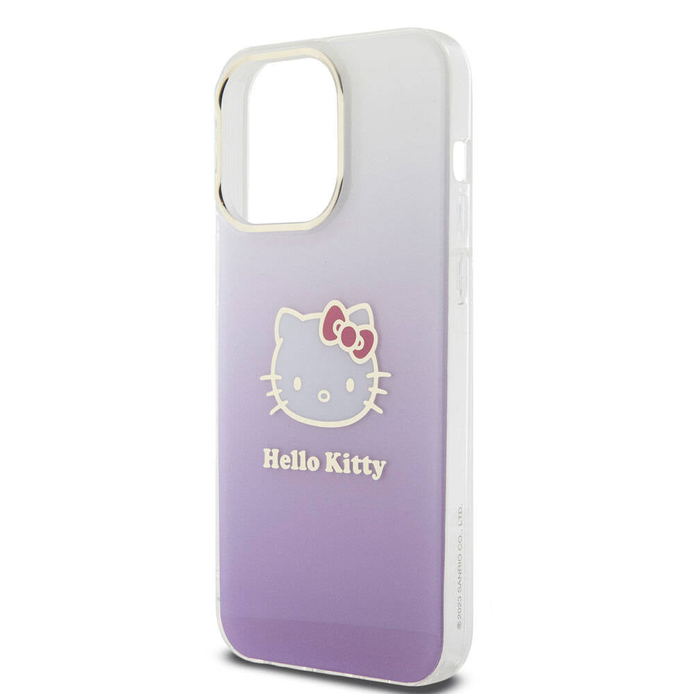 Apple iPhone 15 Pro Max Kılıf Hello Kitty Orjinal Lisanslı Yazı ve İkonik Logolu Elektroplating Kaplama Gradyan Kapak Mor