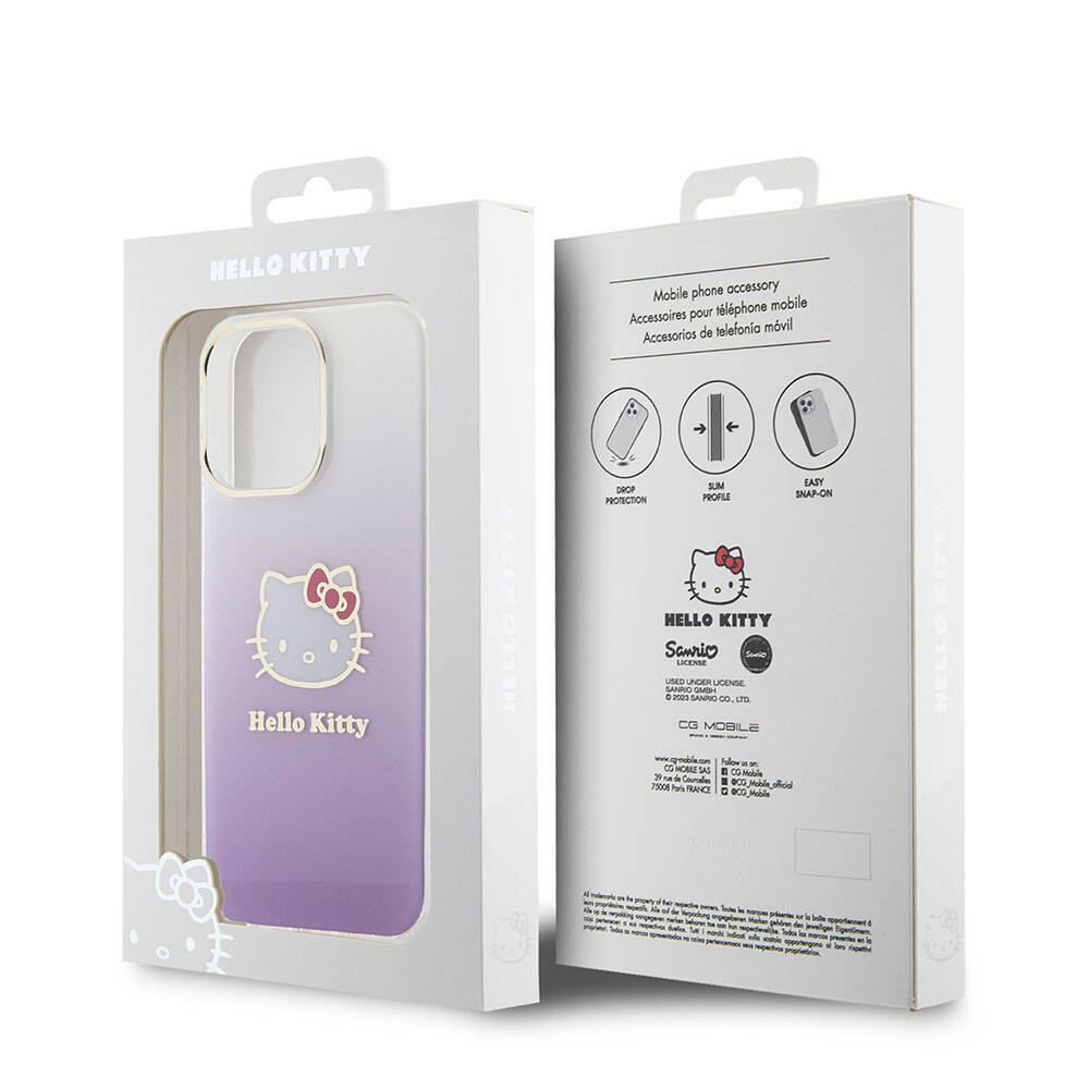 Apple iPhone 15 Pro Max Kılıf Hello Kitty Orjinal Lisanslı Yazı ve İkonik Logolu Elektroplating Kaplama Gradyan Kapak Mor