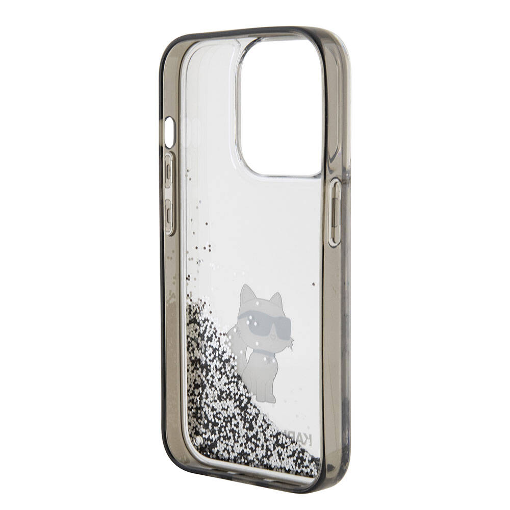 Apple iPhone 15 Pro Max Kılıf Karl Lagerfeld Choupette Sıvılı Glitter Orjinal Lisanslı Kapak Renksiz