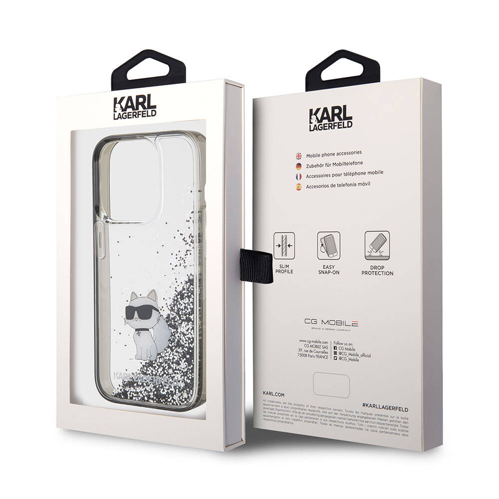Apple iPhone 15 Pro Max Kılıf Karl Lagerfeld Choupette Sıvılı Glitter Orjinal Lisanslı Kapak Renksiz