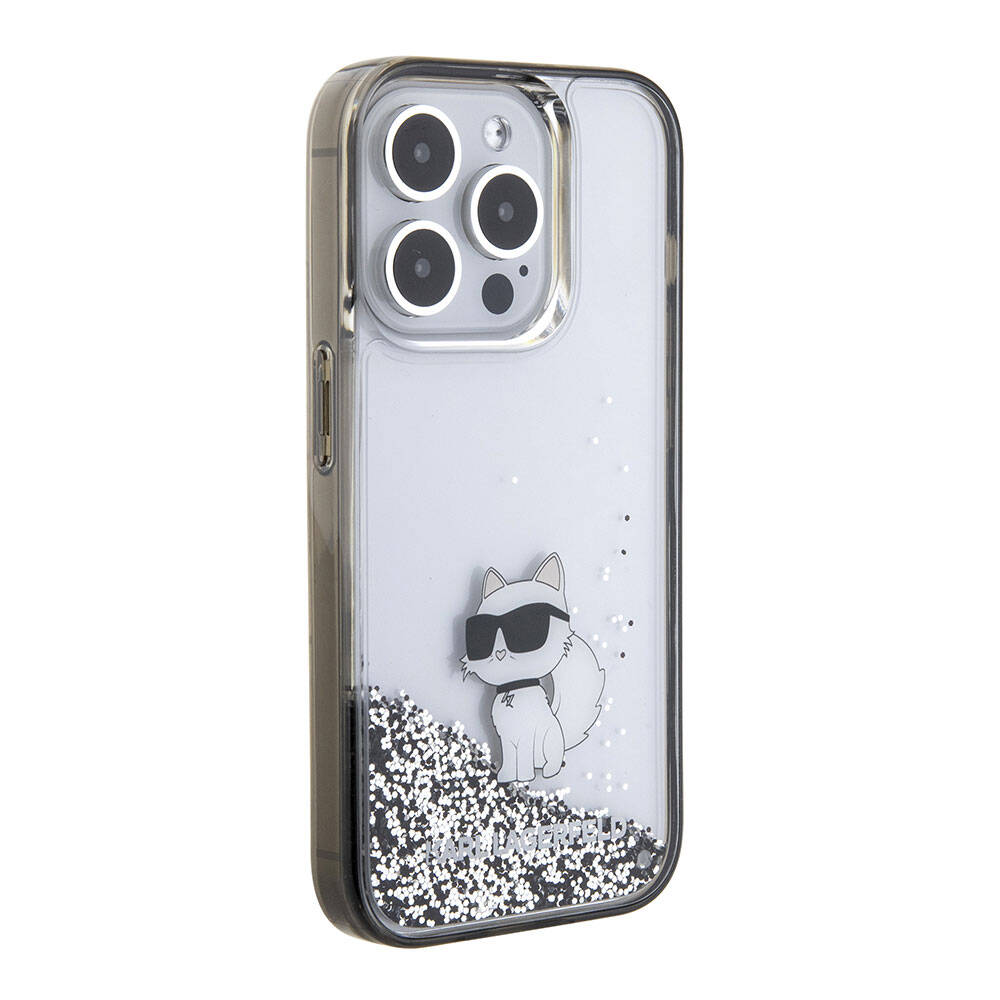 Apple iPhone 15 Pro Max Kılıf Karl Lagerfeld Choupette Sıvılı Glitter Orjinal Lisanslı Kapak Renksiz
