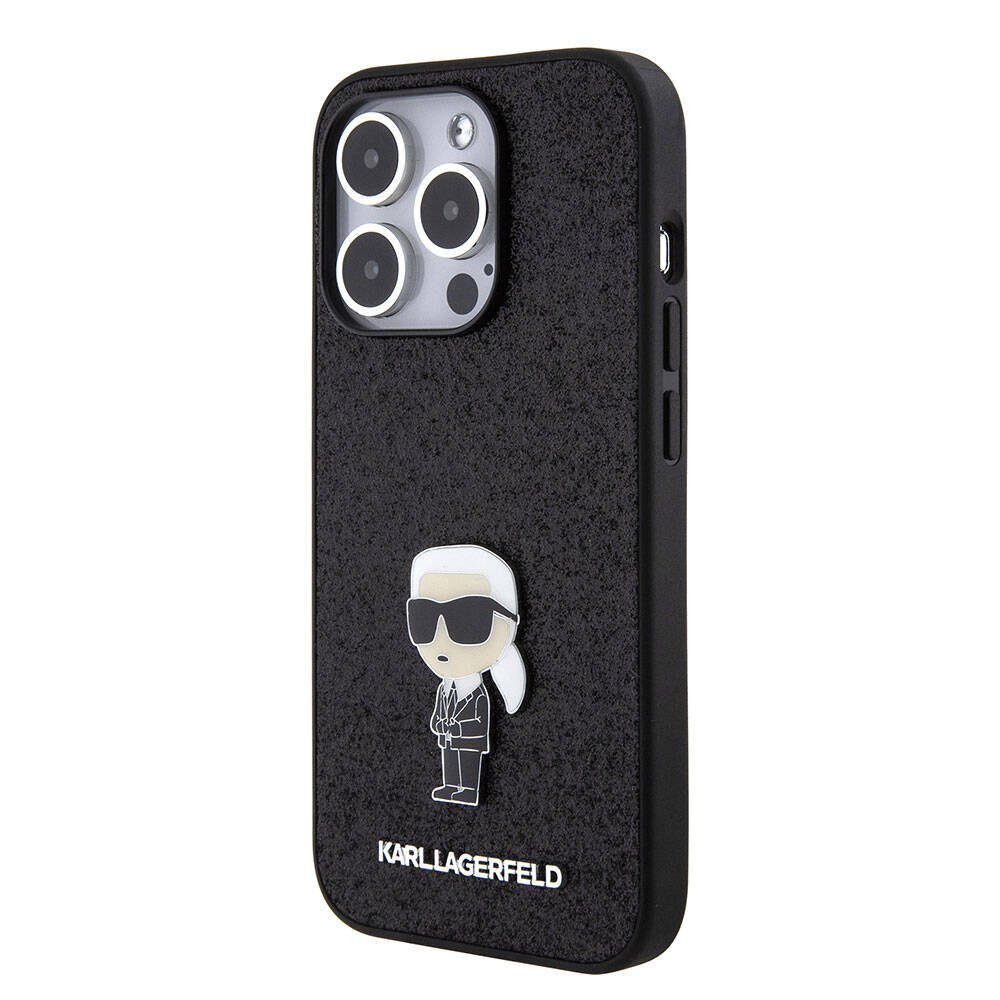 Apple iPhone 15 Pro Max Kılıf Karl Lagerfeld İkonik Fixed Glitter Metal Logo Orjinal Lisanslı Kapak Siyah