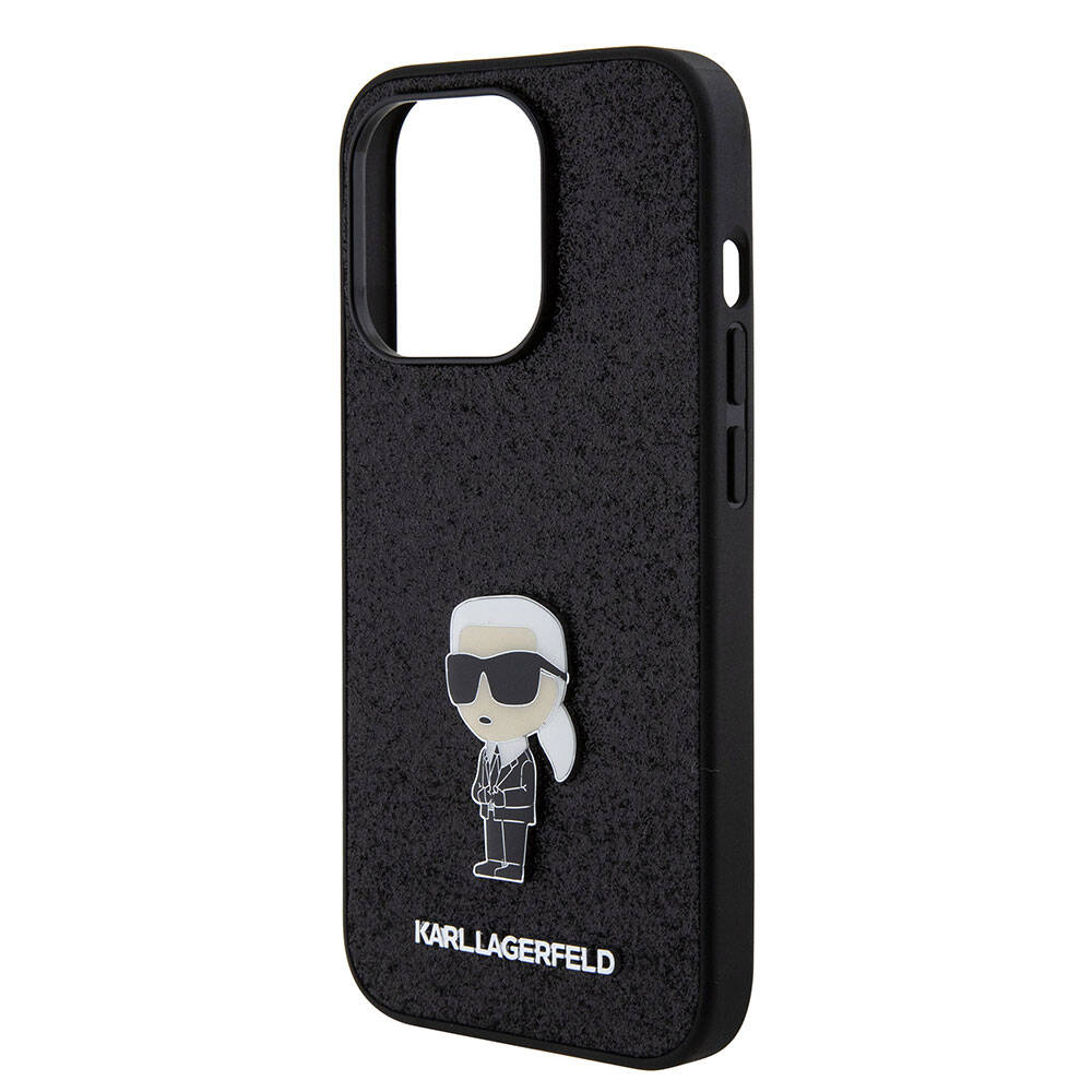 Apple iPhone 15 Pro Max Kılıf Karl Lagerfeld İkonik Fixed Glitter Metal Logo Orjinal Lisanslı Kapak Siyah