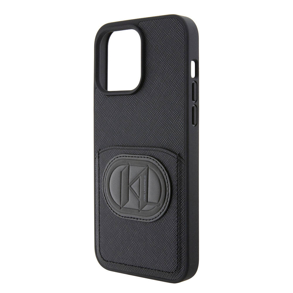 Apple iPhone 15 Pro Max Kılıf Karl Lagerfeld Kartlıklı Saffiano K&L Patch Orjinal Lisanslı Kapak Siyah