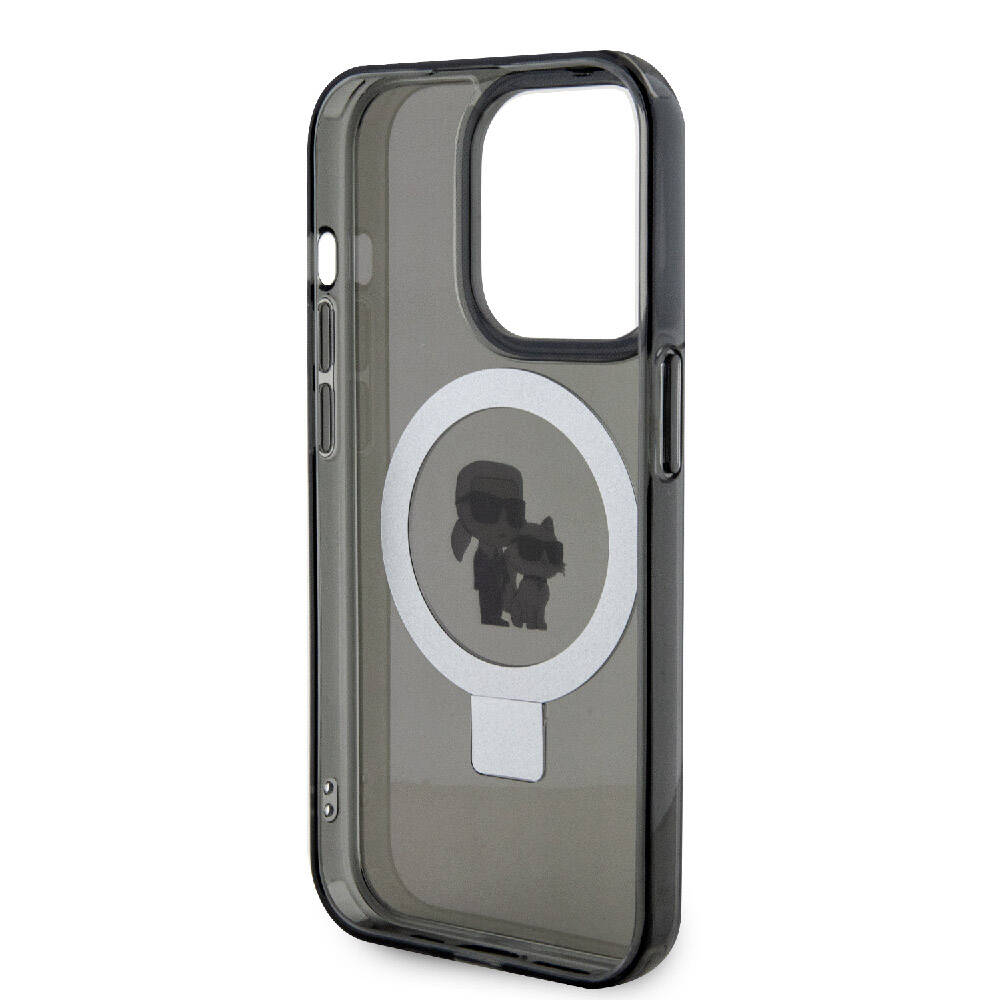 Apple iPhone 15 Pro Max Kılıf Karl Lagerfeld Orjinal Lisanslı M-safe Şarj Özellikli K&C İkonik Baskılı Ring Standlı Kapak Siyah