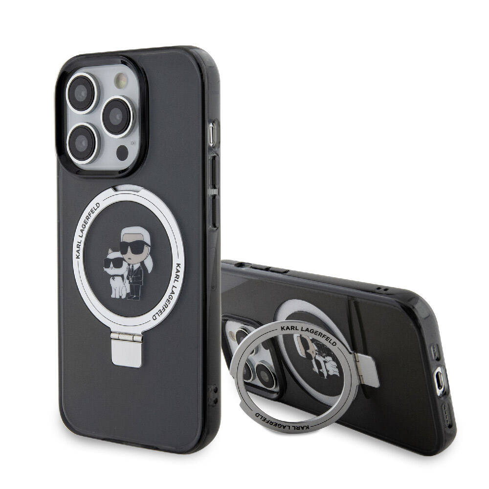Apple iPhone 15 Pro Max Kılıf Karl Lagerfeld Orjinal Lisanslı M-safe Şarj Özellikli K&C İkonik Baskılı Ring Standlı Kapak Beyaz