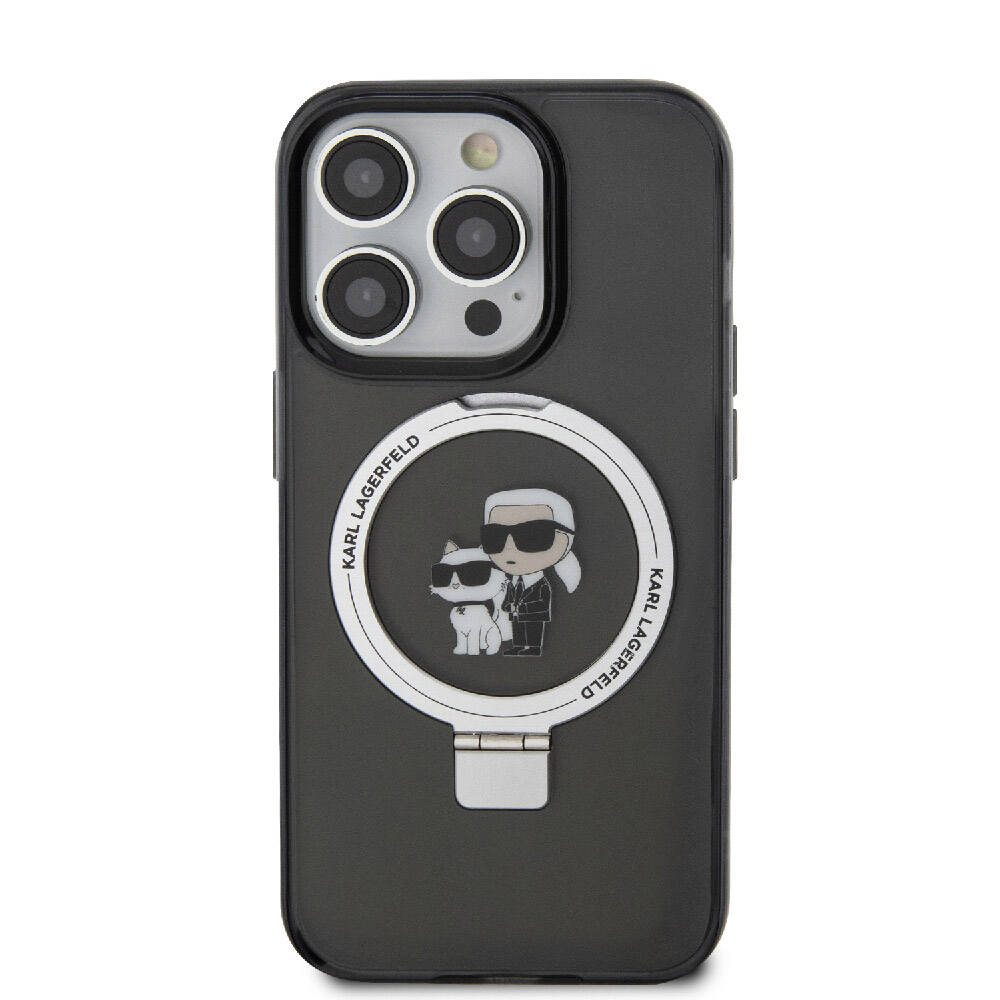 Apple iPhone 15 Pro Max Kılıf Karl Lagerfeld Orjinal Lisanslı M-safe Şarj Özellikli K&C İkonik Baskılı Ring Standlı Kapak Siyah