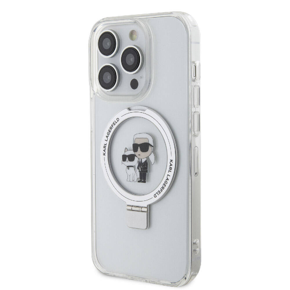 Apple iPhone 15 Pro Max Kılıf Karl Lagerfeld Orjinal Lisanslı M-safe Şarj Özellikli K&C İkonik Baskılı Ring Standlı Kapak Beyaz