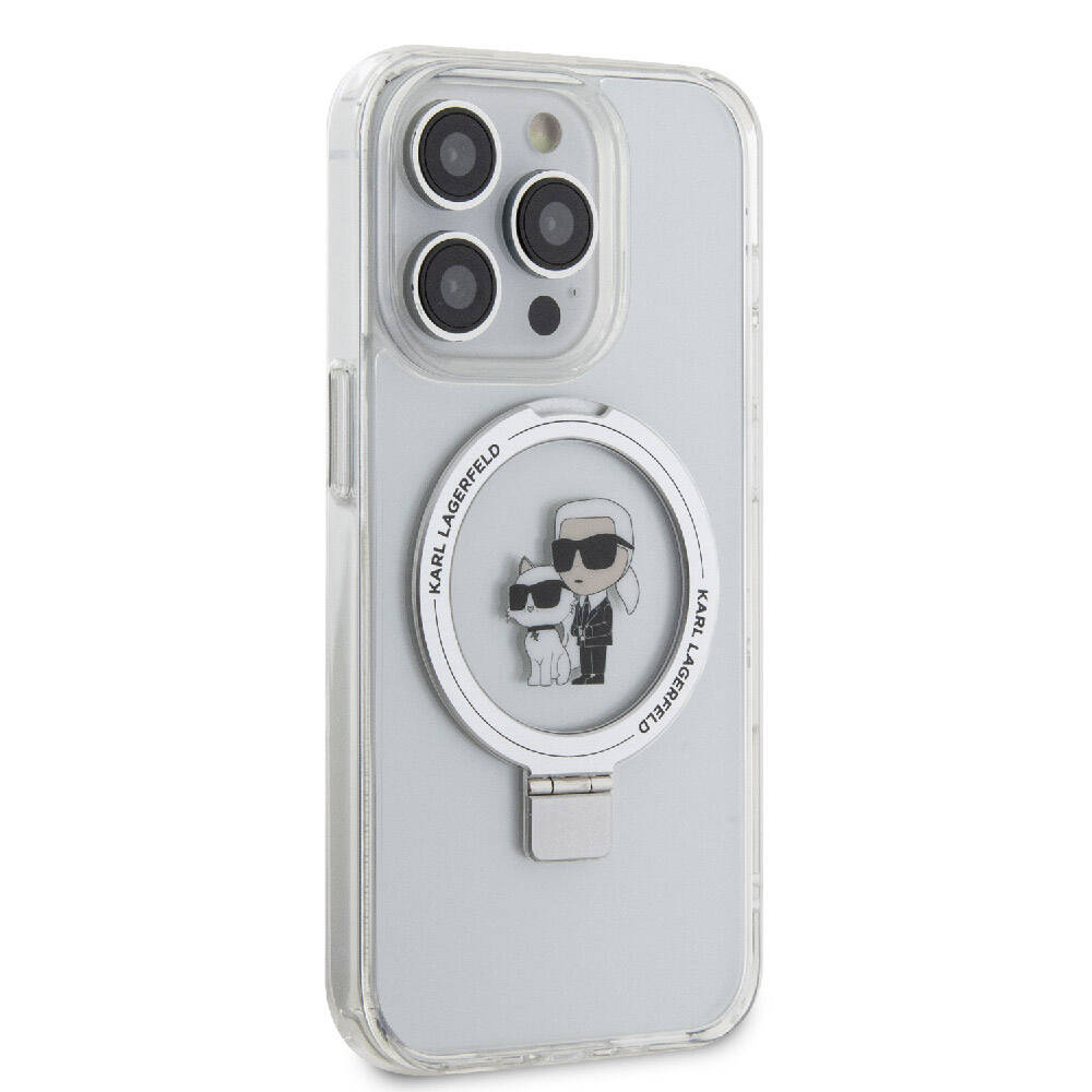 Apple iPhone 15 Pro Max Kılıf Karl Lagerfeld Orjinal Lisanslı M-safe Şarj Özellikli K&C İkonik Baskılı Ring Standlı Kapak Beyaz