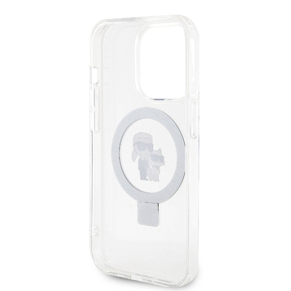 Apple iPhone 15 Pro Max Kılıf Karl Lagerfeld Orjinal Lisanslı M-safe Şarj Özellikli K&C İkonik Baskılı Ring Standlı Kapak Beyaz