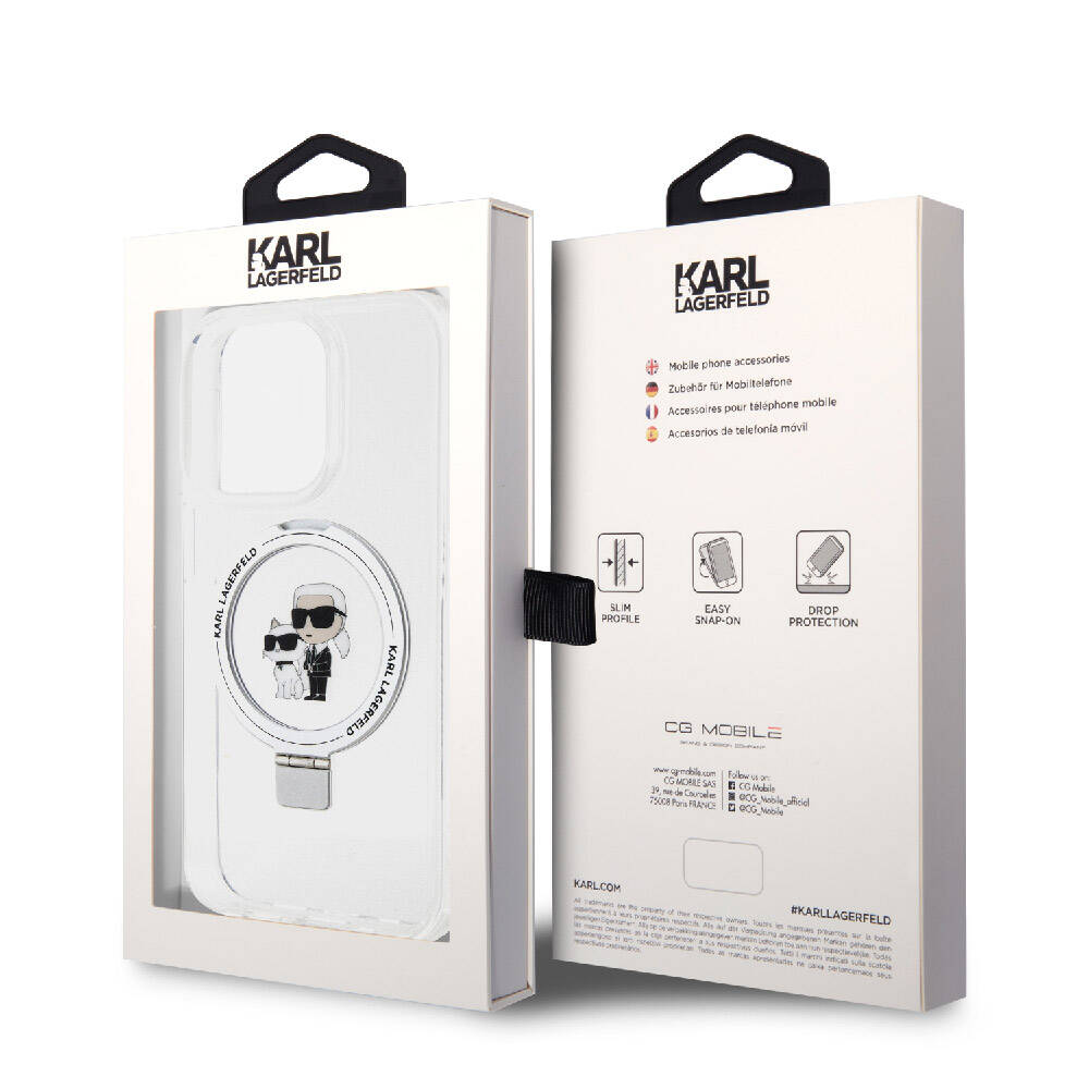 Apple iPhone 15 Pro Max Kılıf Karl Lagerfeld Orjinal Lisanslı M-safe Şarj Özellikli K&C İkonik Baskılı Ring Standlı Kapak Beyaz