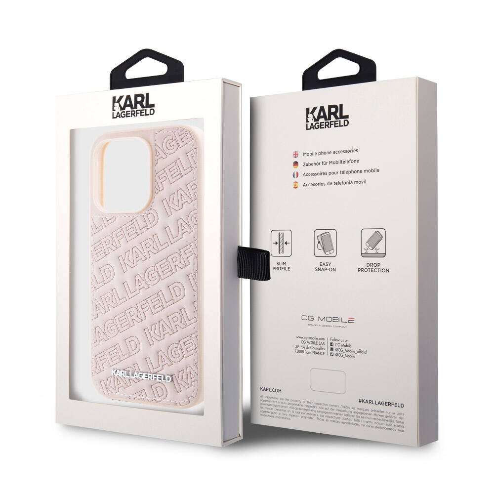 Apple iPhone 15 Pro Max Kılıf Karl Lagerfeld Orjinal Lisanslı Metal Yazı Logolu Dikişli Logo Arka Yüzey Kapitone Kapak Siyah